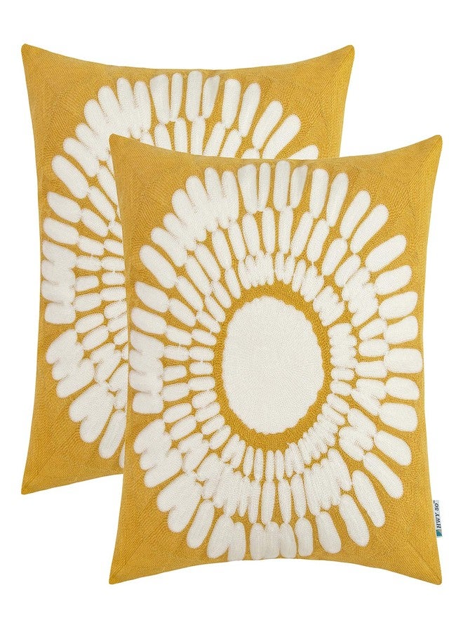 HWY 50 Mustard Yellow Decorative Throw Pillow Covers 18x18 Inch, Pack of 2 Embroidered Cotton Farmhouse Cushion Cover Pillow Case for Sofa Couch Living Room Bed Bedroon, Sunflower Design - Image 1