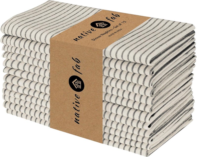 Native Fab Cloth Napkins 18x18 inches 100 Cotton Vintage Stripped Dinner Napkins Set of 12 Soft Breathable Absorbent Machine Washable Cloth Napkins Black Beige - Image 1