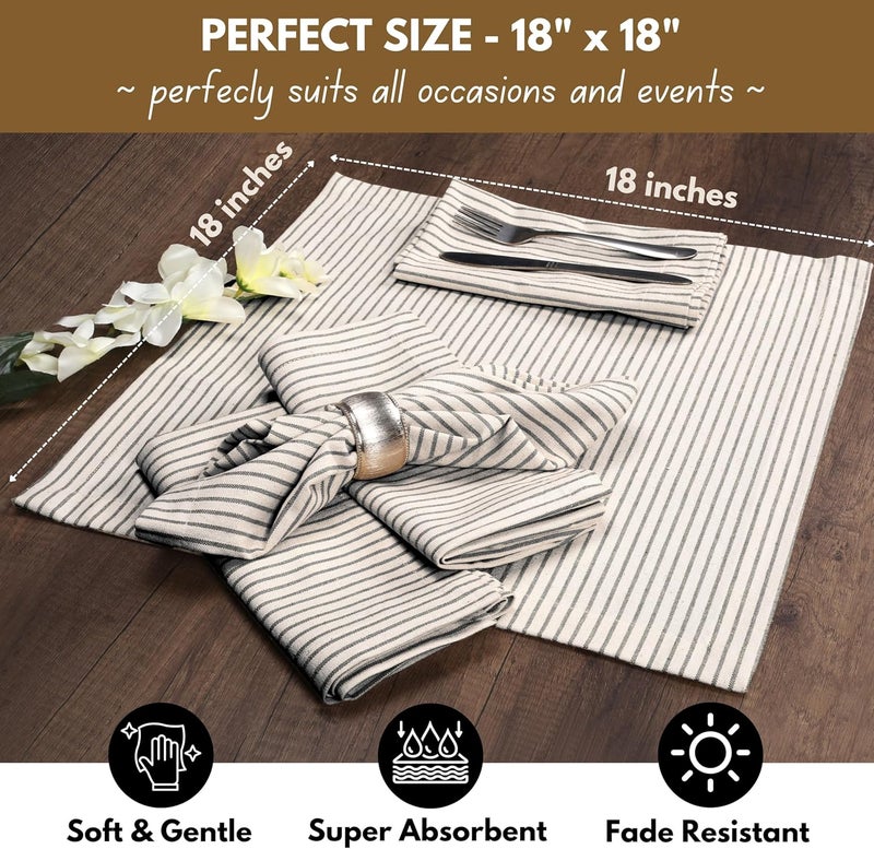 Native Fab Cloth Napkins 18x18 inches 100 Cotton Vintage Stripped Dinner Napkins Set of 12 Soft Breathable Absorbent Machine Washable Cloth Napkins Black Beige - Image 4