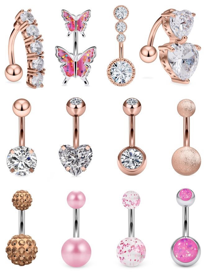 Vsnnsns 14G Belly Button Ring Piercing Jewelry 316L Stainless Surgical Steel Heart CZ Opal Butterfly Navel Rings Reverse Belly Button Ring Navel Piercing Jewelry for Women Men Hypoallergenic, Metal - Image 1