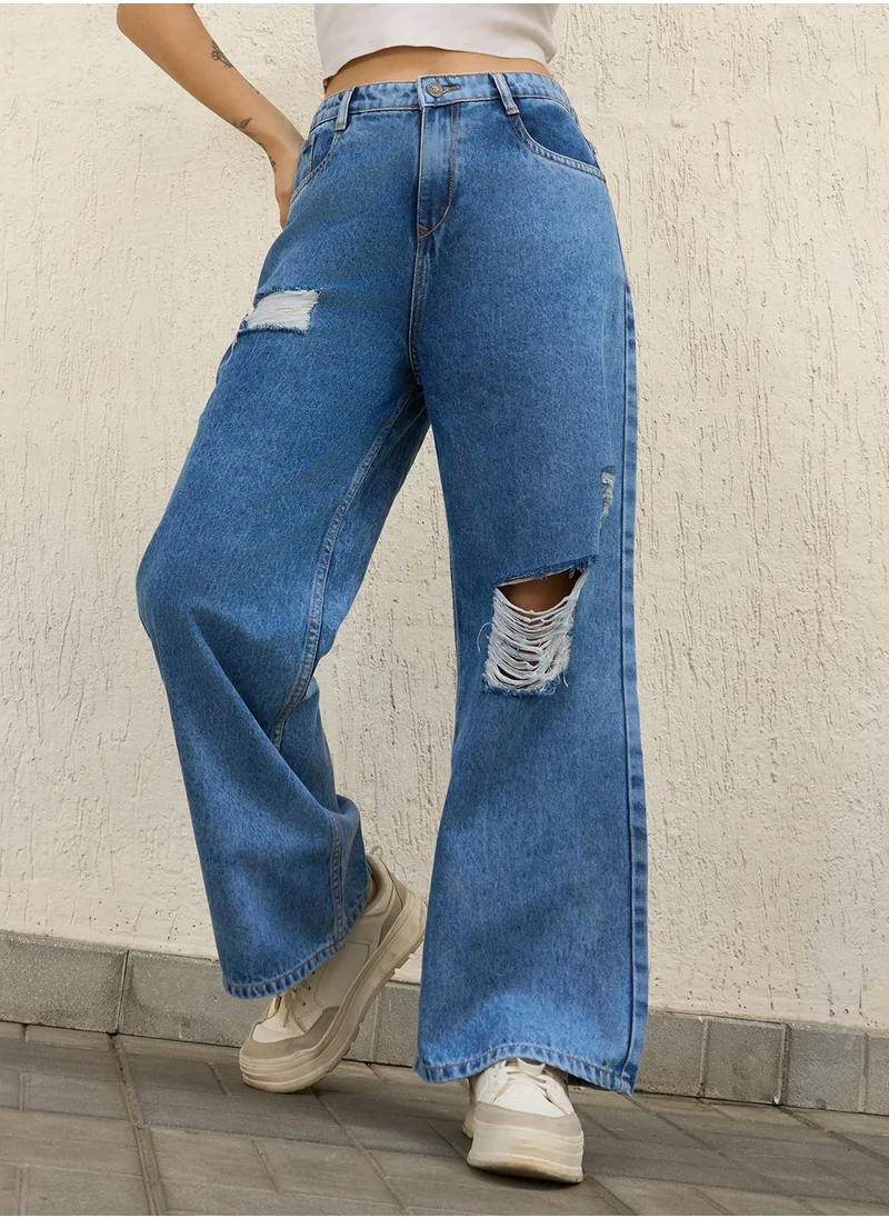 هوبرهولمي Baggy Jeans for Women - Indigo High-Rise Distressed