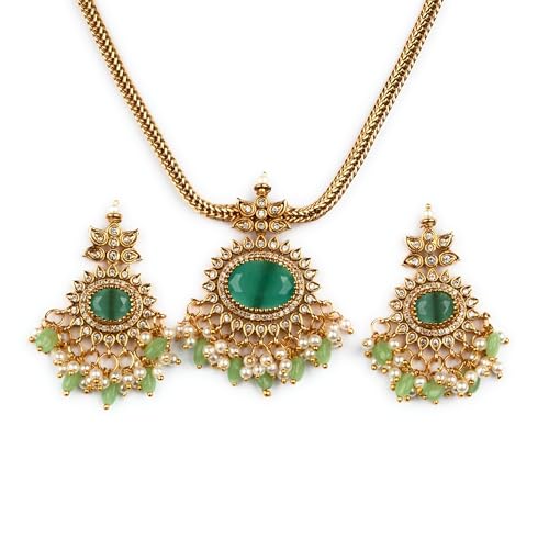 Sasitrends Temple Matte Gold Plated Oval Pendant Mint Necklace Set with Pearl and Stone Beads - Image 4
