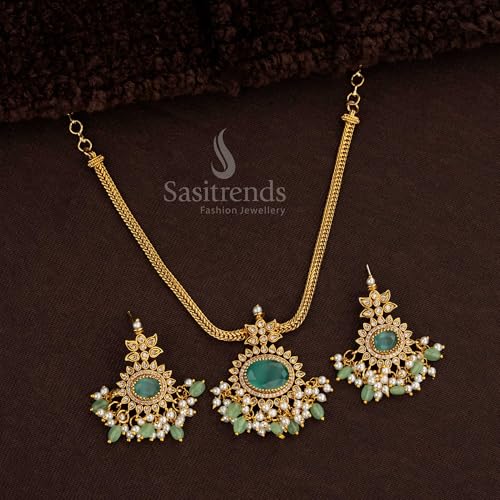 Sasitrends Temple Matte Gold Plated Oval Pendant Mint Necklace Set with Pearl and Stone Beads - Image 3
