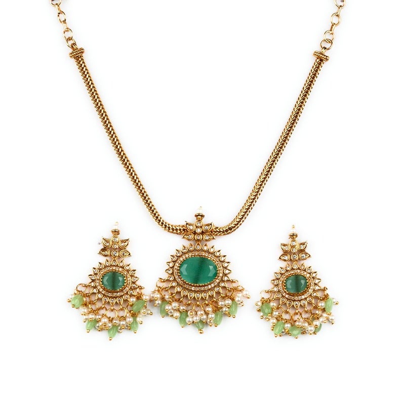 Sasitrends Temple Matte Gold Plated Oval Pendant Mint Necklace Set with Pearl and Stone Beads - Image 5