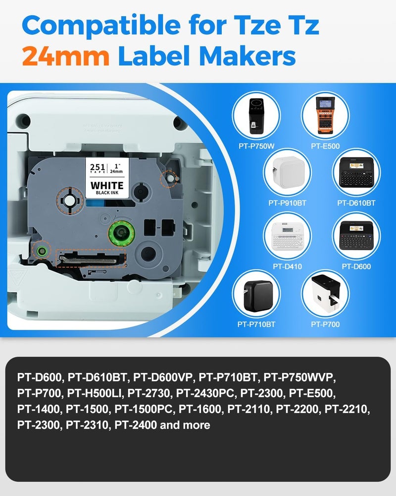 شريط لاصق أبيض مغلف مقاس 24 مم (0.94 بوصة) متوافق مع Brother TZe-251 P-Touch، شريط TZe251 TZ-251 أسود على أبيض، مقاس 1 بوصة، يعمل مع Brother PT-D600 PT-D610BT PTP700 PTP710BT، عبوة من 4 قطع - Image 3