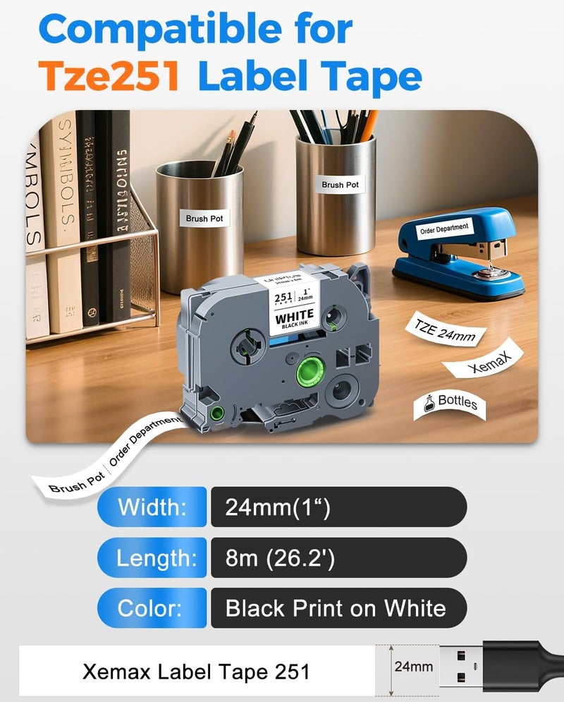 شريط لاصق أبيض مغلف مقاس 24 مم (0.94 بوصة) متوافق مع Brother TZe-251 P-Touch، شريط TZe251 TZ-251 أسود على أبيض، مقاس 1 بوصة، يعمل مع Brother PT-D600 PT-D610BT PTP700 PTP710BT، عبوة من 4 قطع - Image 2