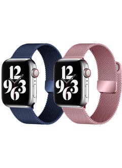 YOMNA [set of 2] YOMNA Magnetic Metal Milanese Loop Band Compatible with Apple Watch Band 42mm 44mm 45mm 49mm, Mesh Strap Replacement for iWatch Series Ultra SE 8 7 6 5 4 3 2 1 (Navy Blue/Rose Gold) 