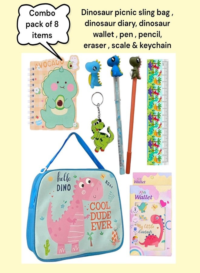 TOOYEP Cute Dinosaur Theme Picnic Sling Bag with Wallet, Diary, Pen-Pencil, Scale, Eraser & Sharpener | Combo Pack of 8 Items I Party Return Gift for Kids Boys and Girls - Image 2