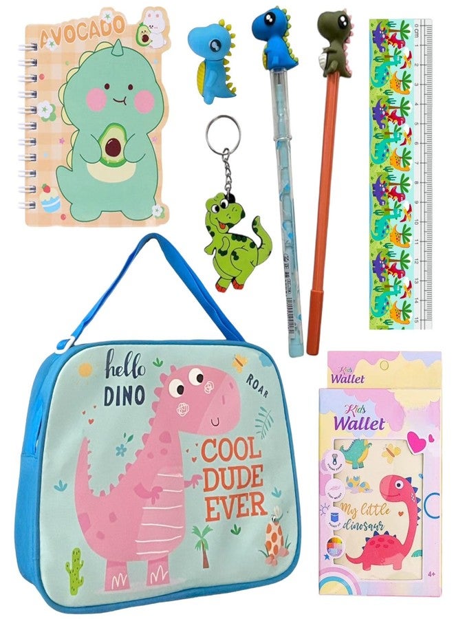 TOOYEP Cute Dinosaur Theme Picnic Sling Bag with Wallet, Diary, Pen-Pencil, Scale, Eraser & Sharpener | Combo Pack of 8 Items I Party Return Gift for Kids Boys and Girls - Image 1
