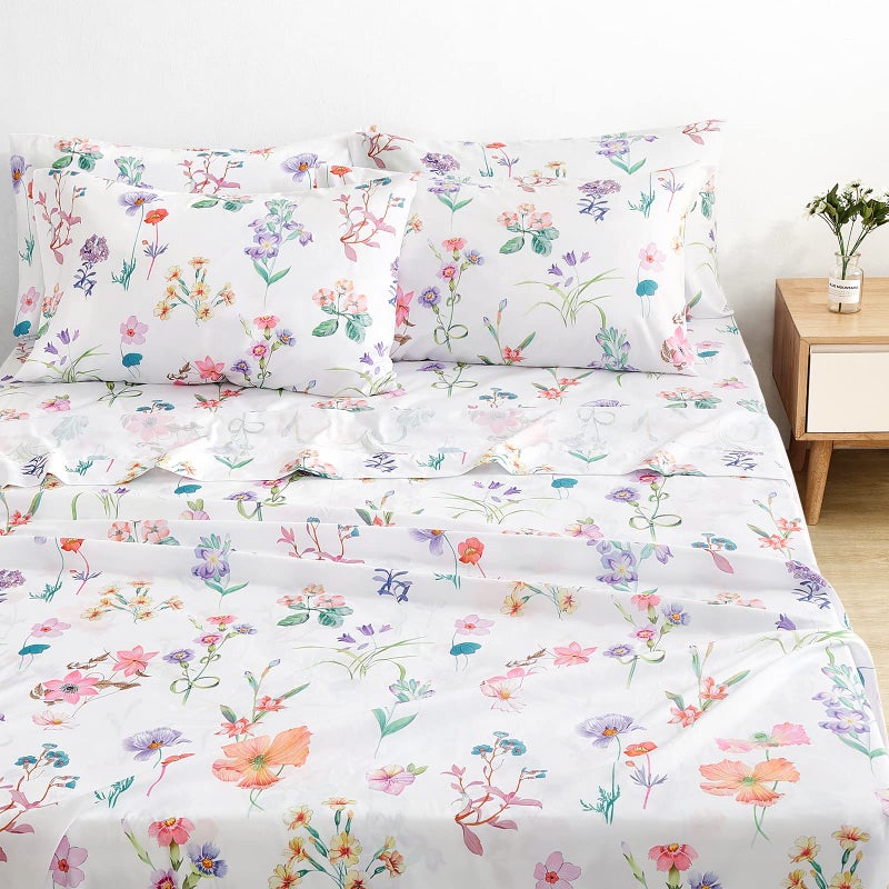 BYSURE Pastel Floral Printed Sheets Set 6 Pieces (Queen Size, Pastel Flower), 15 inch Deep Pocket Cottage Core Botanical Pattern Sheets, Wrinkle & Fade Resistant Microfiber Bedding - Image 1