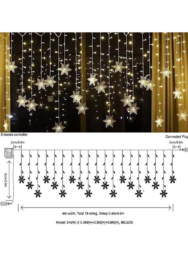 تابيت أضواء ستائر LED، 13 قدم/4 أمتار 96 مصباحًا ستائريًا على شكل ندفة ثلج LED، أضواء ستائر نافذة قابلة للتوصيل بالذاكرة مع 8 أوضاع للديكور لأعياد الميلاد وحفلات الزفاف والحفلات والجدران وديكورات المنزل (أبيض دافئ، تعمل بالبطارية)  - Image 3