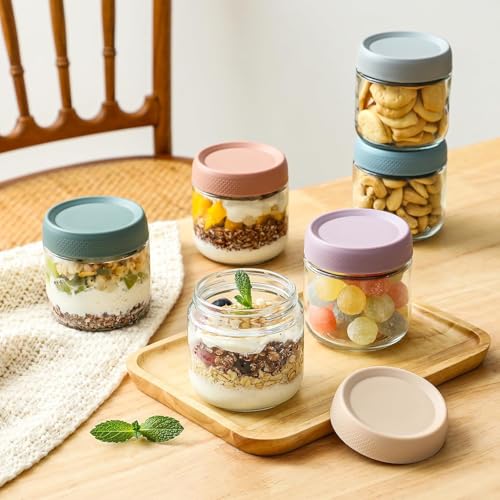 KITOME Glass Jars Set of 6 (10oz) with Airtight Lids, Leakproof Food Storage Containers for Overnight Oats, Salad & Snacks, Wide Mouth, BPA-Free, Multicolors. - Image 5