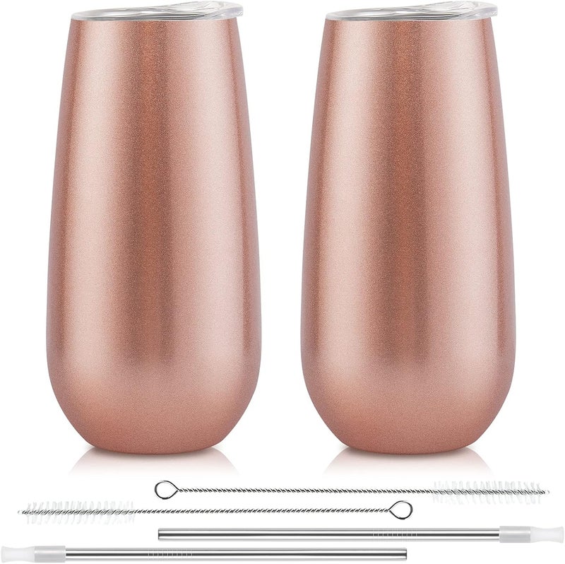 Lifecapido 2 Pack Stemless Champagne Tumblers, 6 Oz Champagne Insulated Tumblers, Double Insulated Champagne Flute Tumbler, Unbreakable Champagne Gl for Friends Birthday Christmas Wedding (Rose Gold) - Image 1