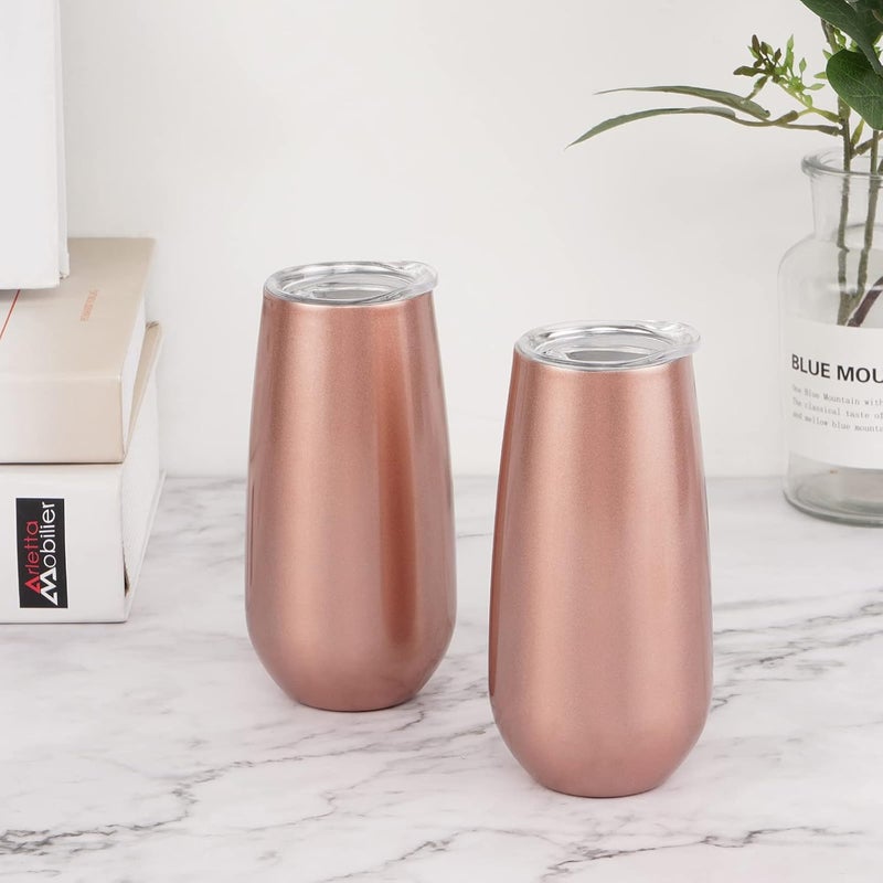 Lifecapido 2 Pack Stemless Champagne Tumblers, 6 Oz Champagne Insulated Tumblers, Double Insulated Champagne Flute Tumbler, Unbreakable Champagne Gl for Friends Birthday Christmas Wedding (Rose Gold) - Image 2