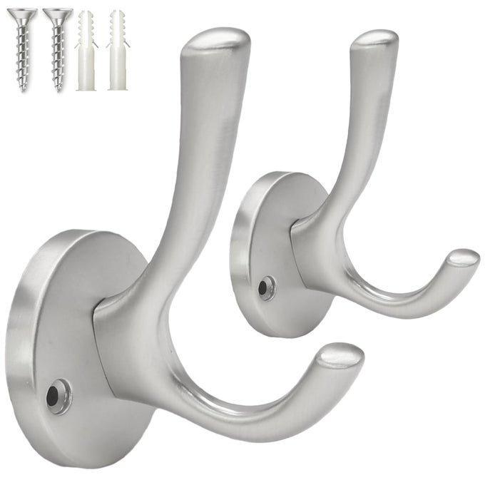 BRUSHED NICKEL TOWEL HOOKS BATHROOM COAT HOOK HEAVY DUTY DECORATIVE HOOKS DOOR HANGER FOR ROBES CLOTHES AND TOWELS WALL MOUNTED CABINET CLOSET HOOKS PACK OF 2