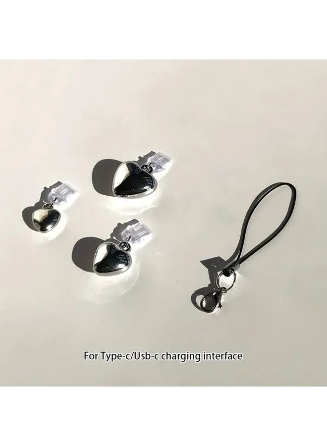 3D Heart Shaped Phone Dust Plugs Silvery For Type C Charging Port With Lanyard - Image 1
