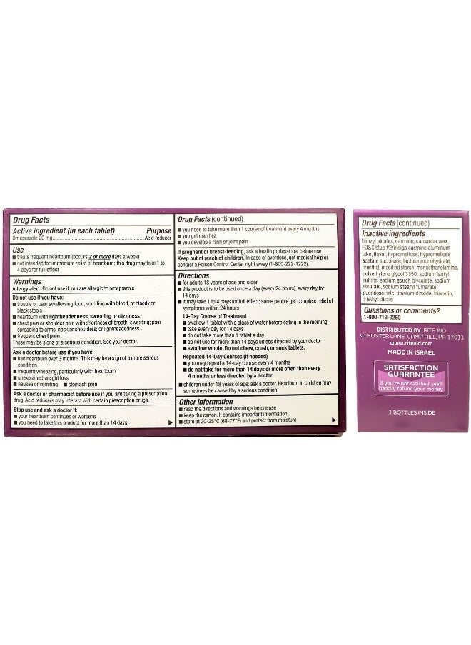 RITE AID - Acid Reducer Omeprazole Delayed Release Tablets 20Mg (3 Bottles, 14 Counts Each, 42 Count Total) - Image 1