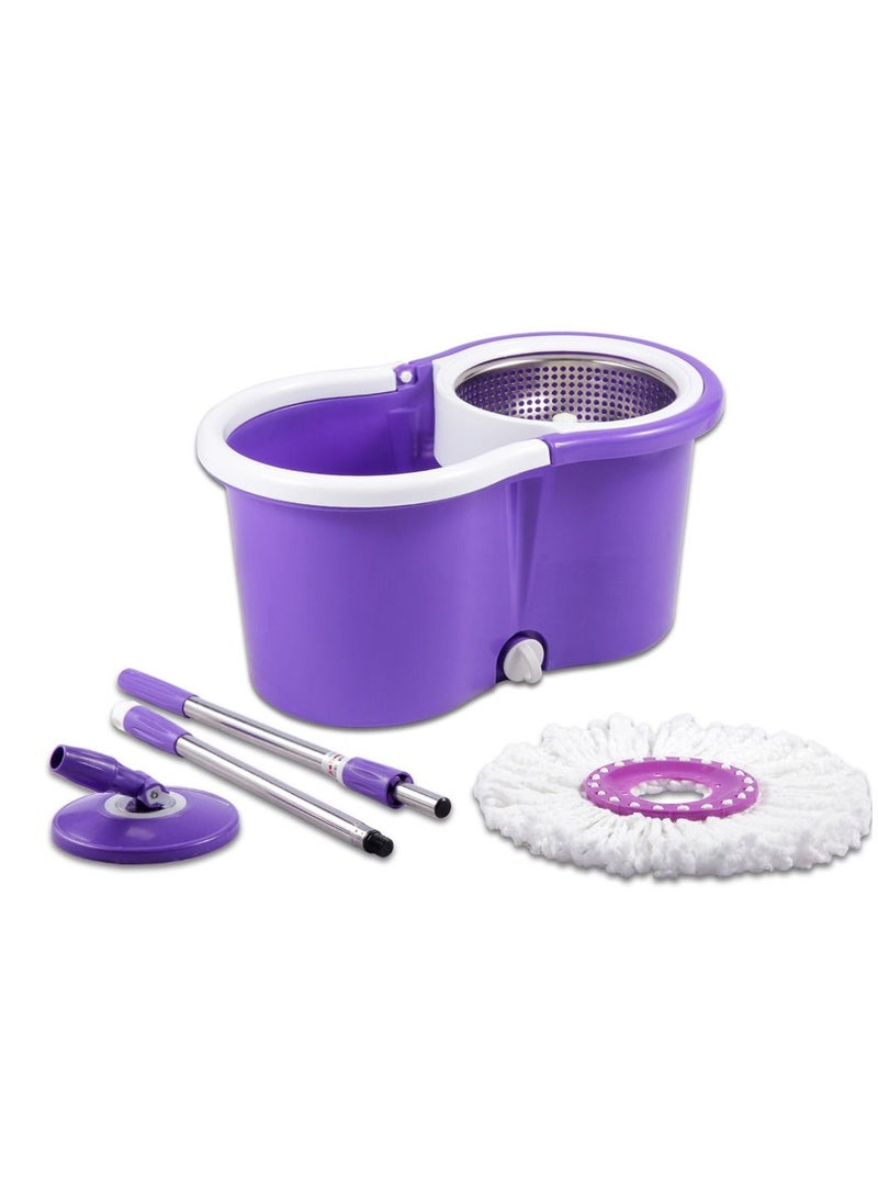 DubaiGallery Stainless Steel Rod Floor Gripping Plastic Spin Dry Bucket With 2 Mop Heads 360 Degree Spin Pedal Rotation House Cleaning Mop Purple - Image 1
