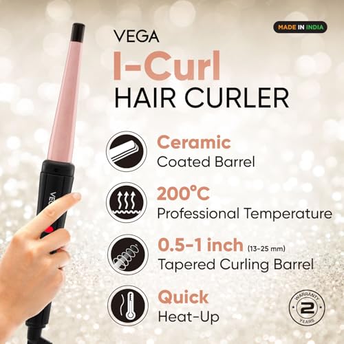 VEGA I-Curl Hair Curler For Women With Ceramic Coated 0.5 Inch-1 Inch Barrel, Quick Heatup Technology,LED Indicator, Fast Heat Up, Long-Lasting Curls, Suitable For All Hair Types, (Vhch-05), Black - Image 3