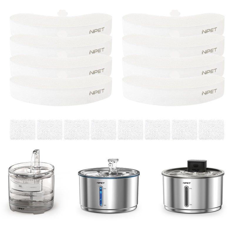NPET Upgraded Design 8 Pack Replacement Filters for WF050/WF100 Cat Fountain and WF210 Stainless Steel Pet Water Fountain Cat Water Dispenser - Image 1