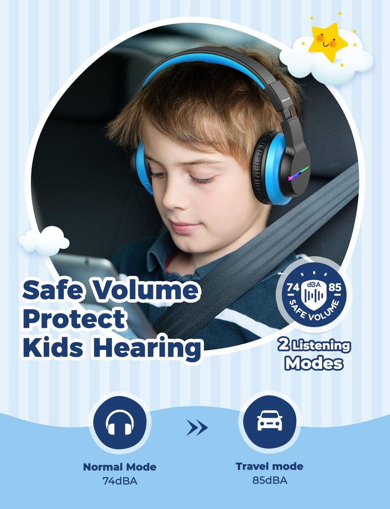 iClever BTH12 Kids Bluetooth Headphones 2 Pack,Colorful LED Lights,74/85dBA Safe Volume,85H Playtime,Bluetooth 5.2,Over Ear Kids Headphones Built-in Mic for iPad/Tablet/Airplane, Pink & Black - Image 3