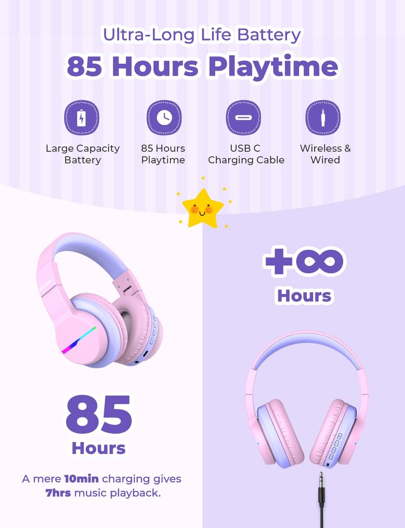 iClever BTH12 Kids Bluetooth Headphones 2 Pack,Colorful LED Lights,74/85dBA Safe Volume,85H Playtime,Bluetooth 5.2,Over Ear Kids Headphones Built-in Mic for iPad/Tablet/Airplane, Pink & Black - Image 4