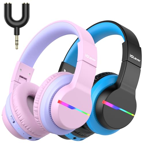 iClever BTH12 Kids Bluetooth Headphones 2 Pack,Colorful LED Lights,74/85dBA Safe Volume,85H Playtime,Bluetooth 5.2,Over Ear Kids Headphones Built-in Mic for iPad/Tablet/Airplane, Pink & Black - Image 1
