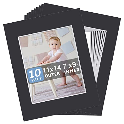 Somime 10 Pack PreCut 11 x 14 Black Picture Mats for 8x10 Photos  White Core Bevel Cut Frame Matte Acid Free Ideal for FramesArtworkPrints