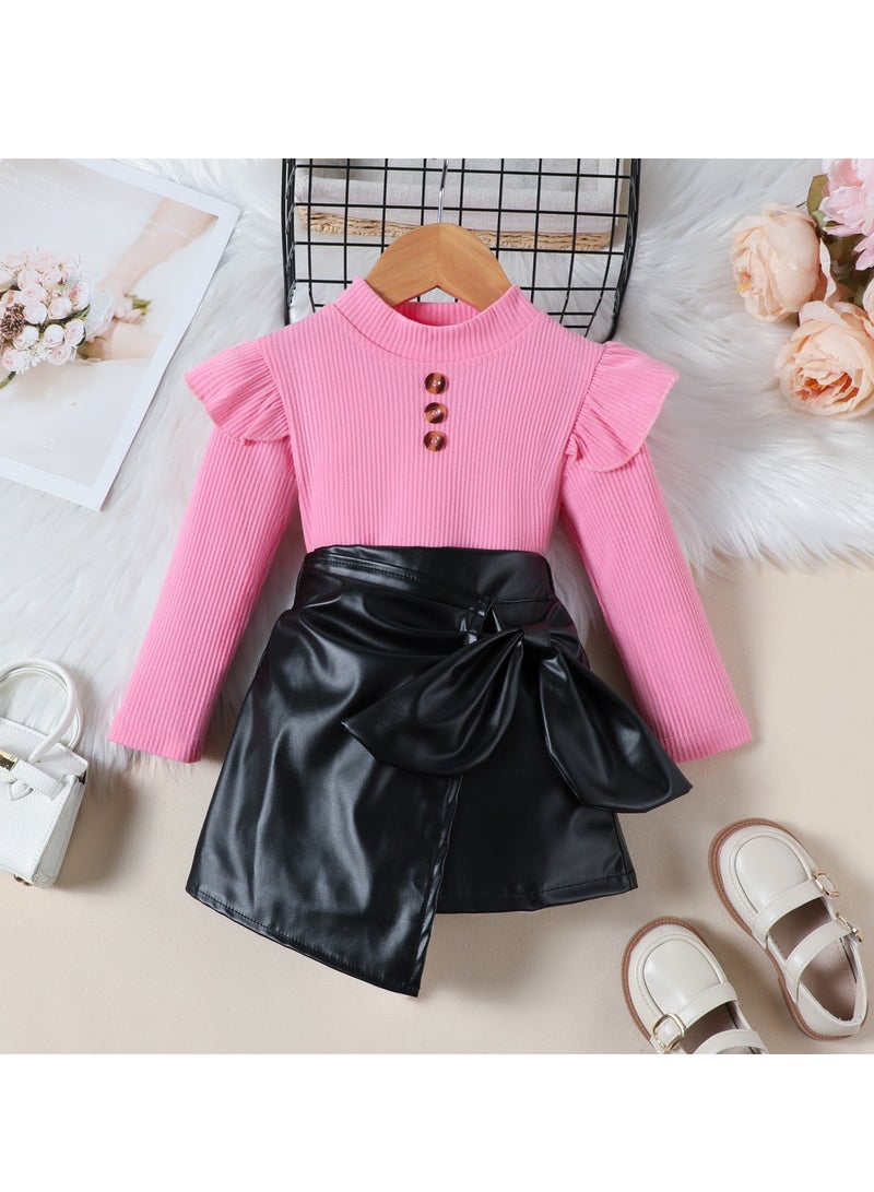 Charming Pink Ruffle Sleeve Top and Black Bow Accent Skirt Set for Girls Age 2 to 3 (Height 100 cm), Perfect for Birthday Parties Playdates and Photo Sessions  - Image 1
