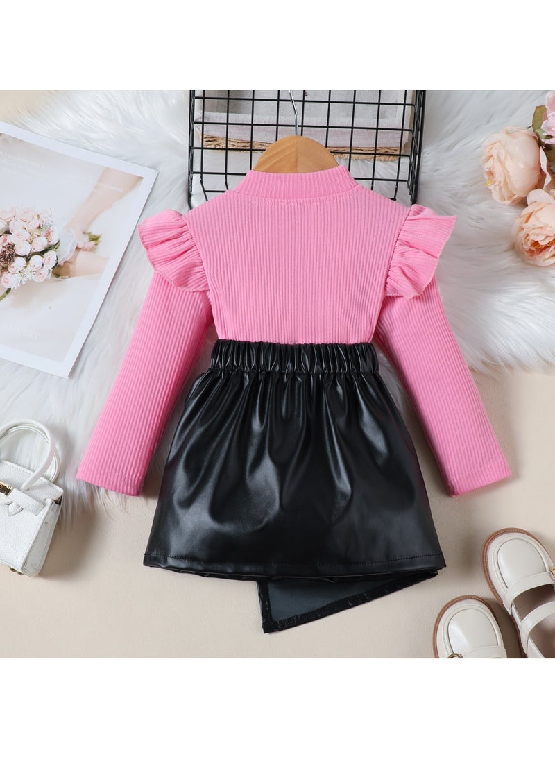 Charming Pink Ruffle Sleeve Top and Black Bow Accent Skirt Set for Girls Age 2 to 3 (Height 100 cm), Perfect for Birthday Parties Playdates and Photo Sessions  - Image 2