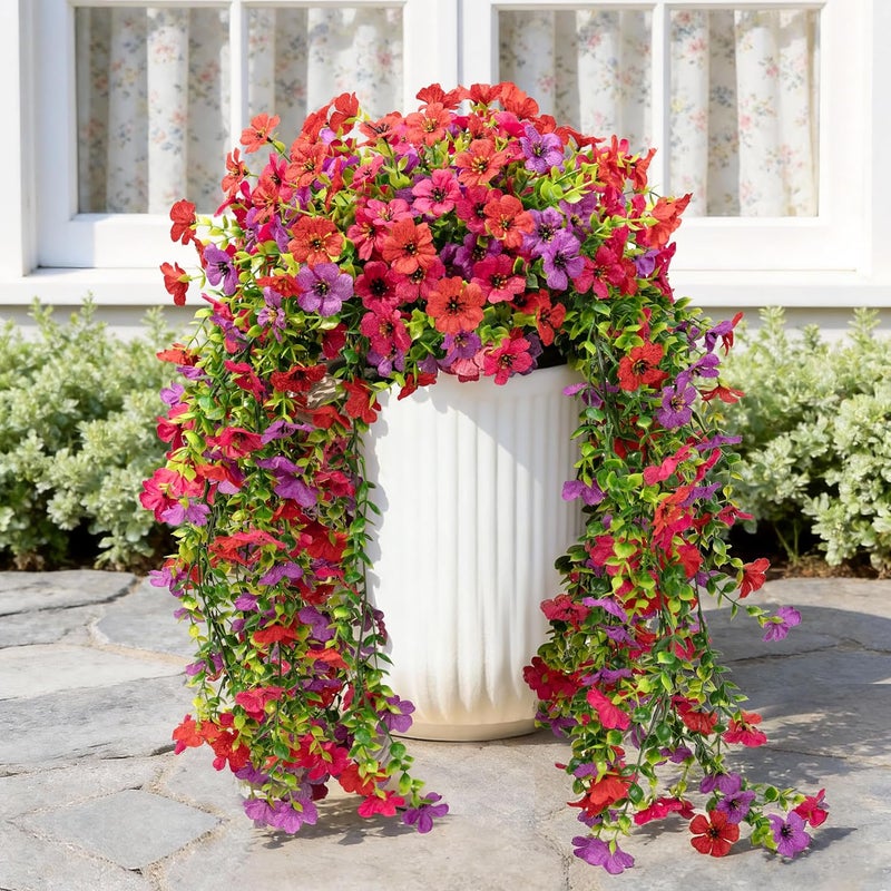 ColoPlay Artificial Hanging Flowers for Outdoors Faux Plants, 4PCS Artificial Outdoor Flowers for Spring Decor, UV Resistan Realistic Daisy Fake Hanging Plants for Indoor Planter Garden Porch(Tri-Color Red Mix - Image 1