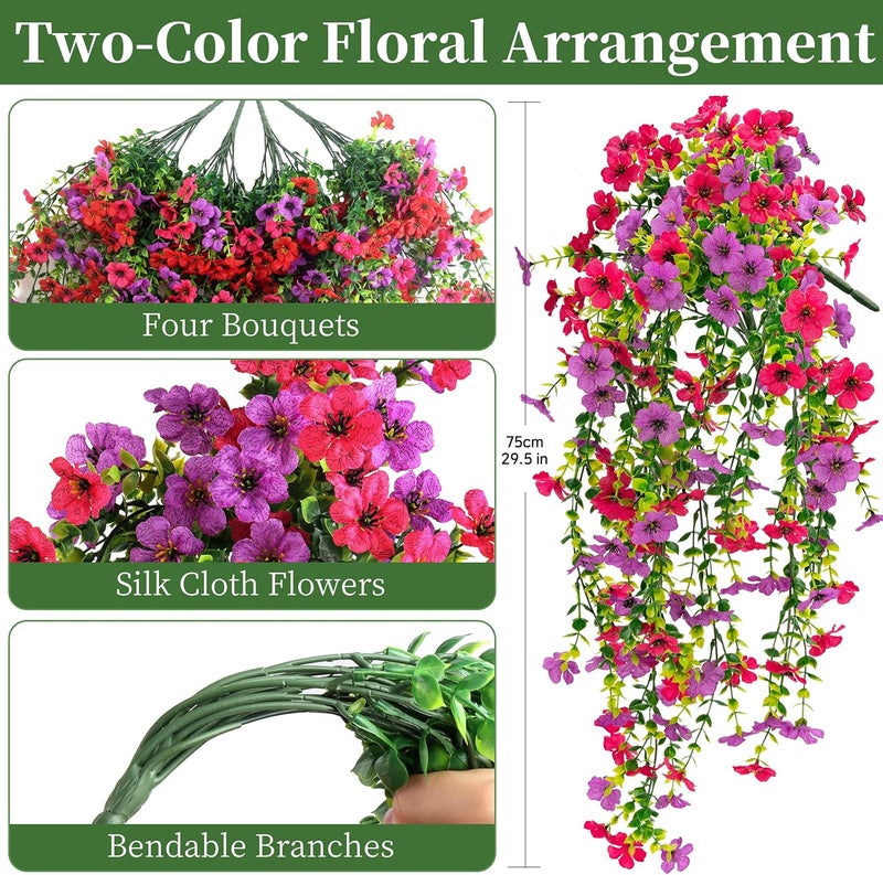 ColoPlay Artificial Hanging Flowers for Outdoors Faux Plants, 4PCS Artificial Outdoor Flowers for Spring Decor, UV Resistan Realistic Daisy Fake Hanging Plants for Indoor Planter Garden Porch(Tri-Color Red Mix - Image 2