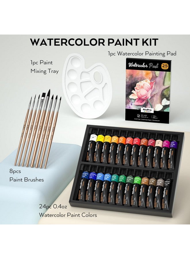 Nicpro Watercolor Paint Kit, Professional Painting Supplies Set 24 Tube Water Color Paints, 8 Synthetic Squirrel Brushes, 25 Paper Pad, Palette, Color Wheel for Artists, Beginners, Kids, Adults