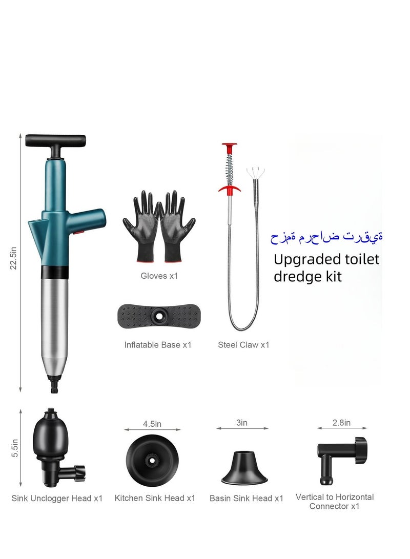 Toilet dredging stainless steel high pressure dredging tool 9-piece set, including 5 dredging heads, toilet dredging tool, construction gloves with flexible gripper picker, multi-powered dredging tool with visual pressure gauge, suitable for toilets, sinks, shower drains, floor drains, - Image 2