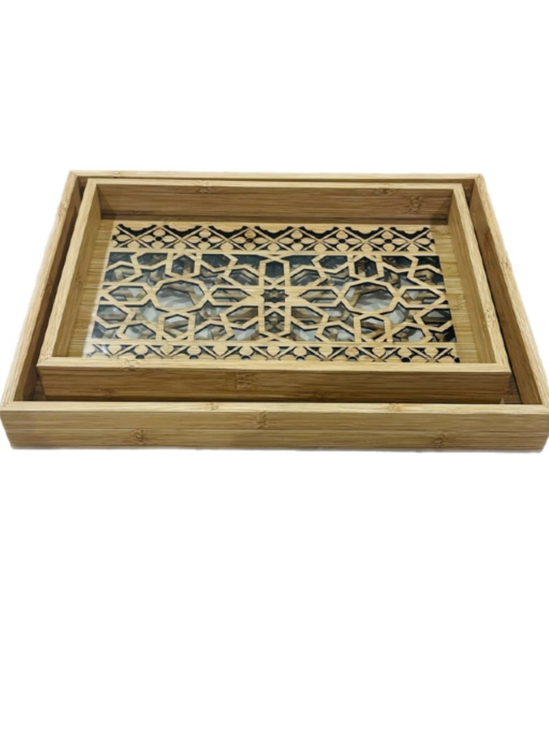 طقم صواني خشبية بارضية زجاجية ونقشة كلاسيكية-قطعتين - Image 1