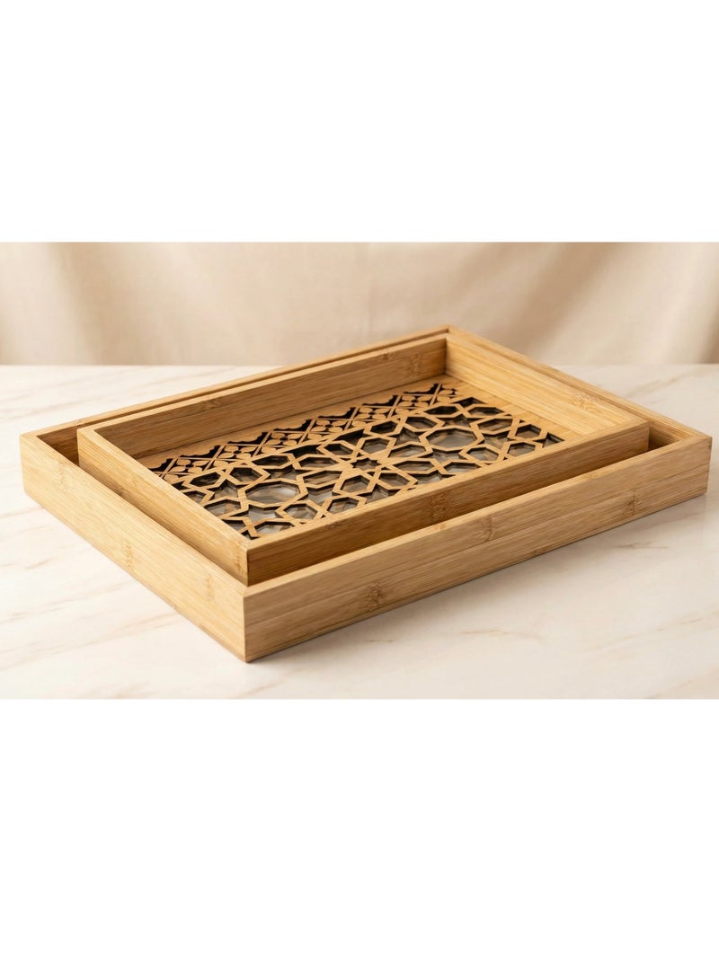 طقم صواني خشبية بارضية زجاجية ونقشة كلاسيكية-قطعتين - Image 3