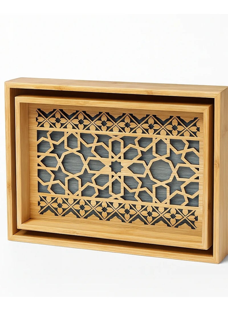 طقم صواني خشبية بارضية زجاجية ونقشة كلاسيكية-قطعتين - Image 4