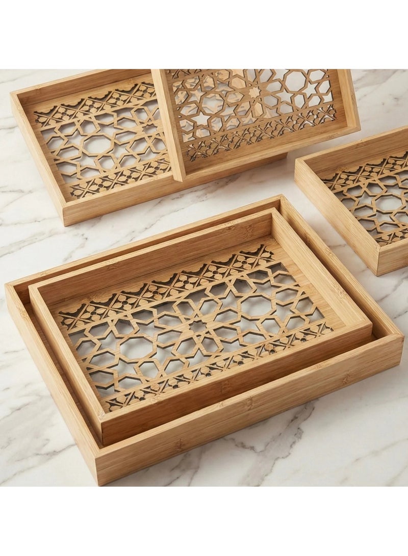 طقم صواني خشبية بارضية زجاجية ونقشة كلاسيكية-قطعتين - Image 5