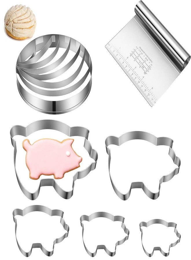 HaiFafafaing Concha Cutter Set, Stainless Steel Mexican Bread Mold Set, Concha Cutter 5 Pcs Pig Cookie Cutters and Dough Scraper, Kitchen Baking Tools for Bread Cookie Cake Biscuit - Image 1