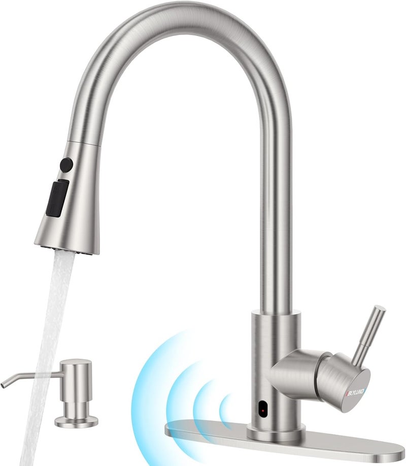 BLYLUND Touchless Kitchen Faucet with Pull-Down Sprayer, Kitchen Sink Faucet Brushed Nickel Faucets with Soap Dispensor, Single Handle Hands-Free Sensor Suitable for 1 to 4 Hole Sink, Stainless Steel - Image 1