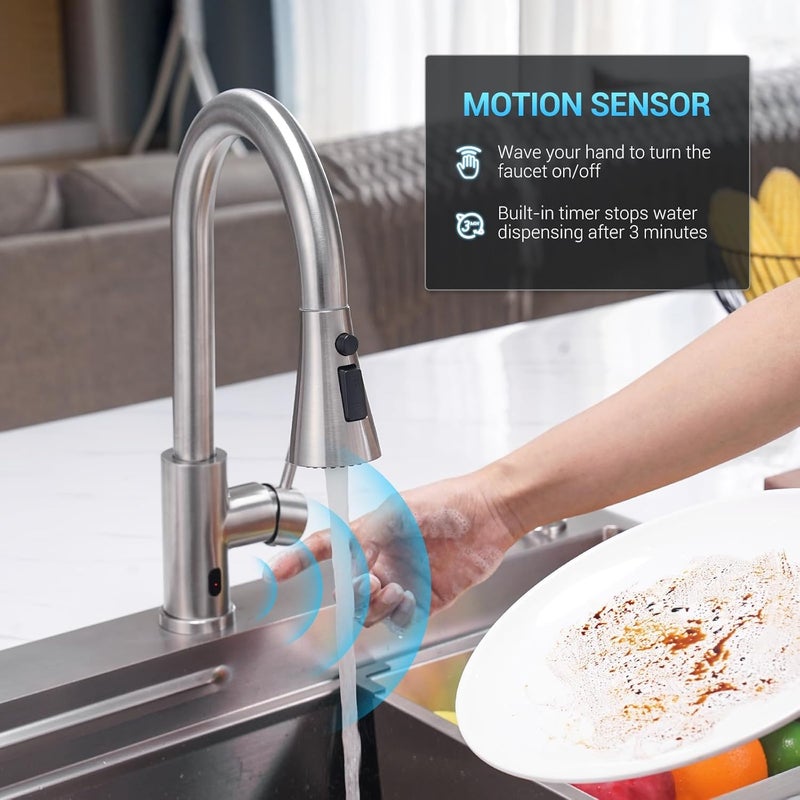 BLYLUND Touchless Kitchen Faucet with Pull-Down Sprayer, Kitchen Sink Faucet Brushed Nickel Faucets with Soap Dispensor, Single Handle Hands-Free Sensor Suitable for 1 to 4 Hole Sink, Stainless Steel - Image 2