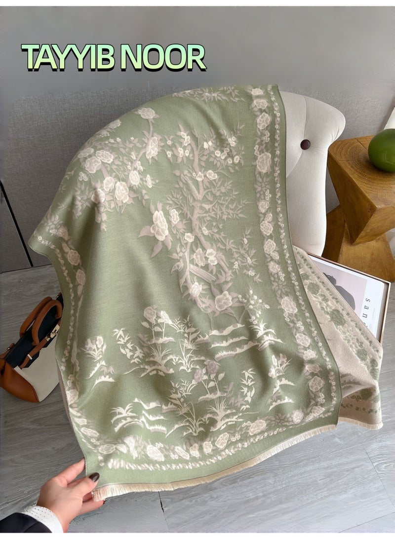 TAYYIB NOOR Ultra Soft Imitation Cashmere Shawl Wrap, Floral Print with Tassels, Thick & Warm Scarf Cape, Versatile Fashion for Evening Dressing Blanket, Shawl Wraps Outnerwear for Autumn and Winter - Green - Image 2