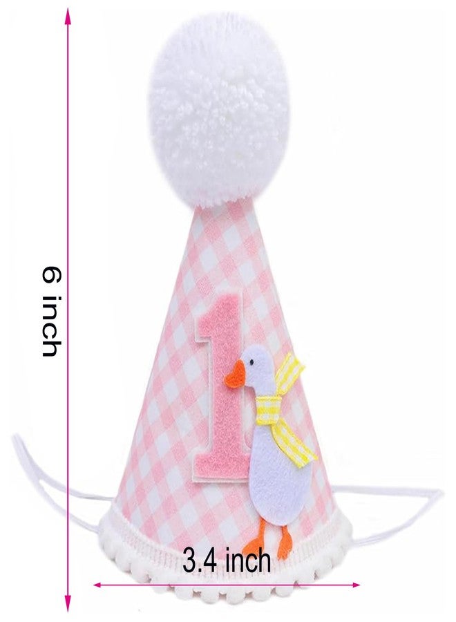 Finduat One Silly Goose First Birthday Party Hat, Pink Gingham with Duck Design, White Pom Pom - Image 2