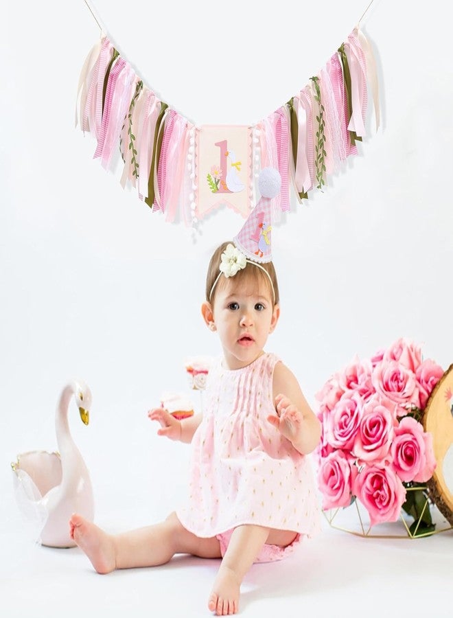 Finduat One Silly Goose First Birthday Party Hat, Pink Gingham with Duck Design, White Pom Pom - Image 3