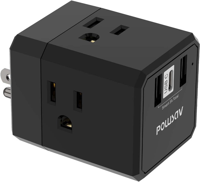 POWSAV Cruise Ship Essentials, 3-Side Outlet Splitter with 3 USB Ports(1 USB C) USB Wall Charger, Outlet Extender for Home, Office and Cruise, ETL Listed, Black - Image 1
