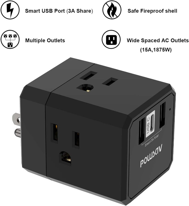 POWSAV Cruise Ship Essentials, 3-Side Outlet Splitter with 3 USB Ports(1 USB C) USB Wall Charger, Outlet Extender for Home, Office and Cruise, ETL Listed, Black - Image 2