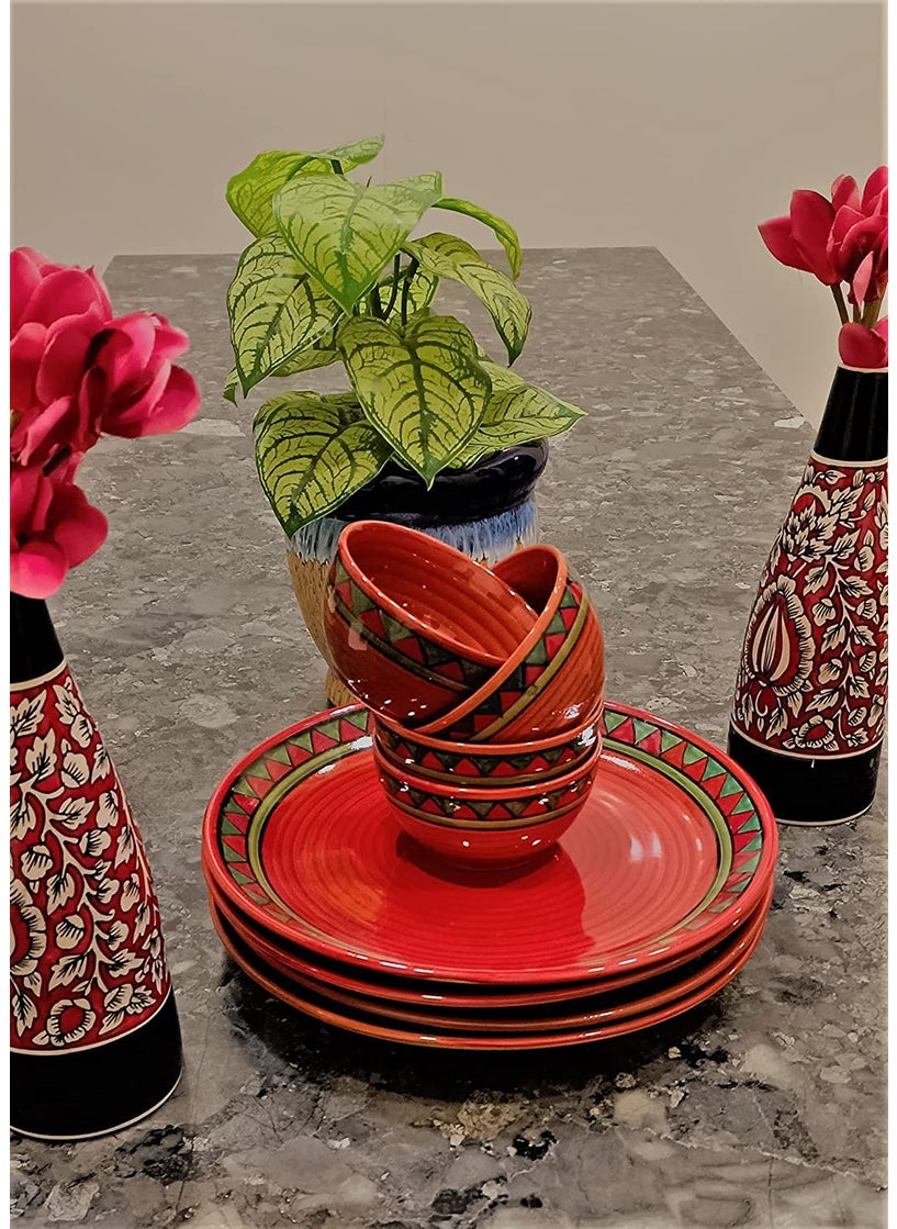 Caffeine caffeine Ceramic Handmade Red & Green Tribal Dinner Set (Set of 8)  - Image 3