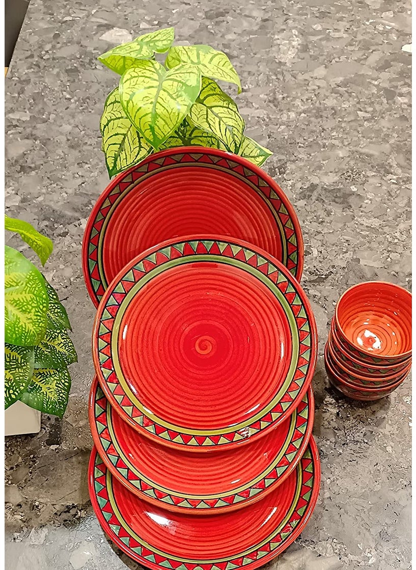 Caffeine caffeine Ceramic Handmade Red & Green Tribal Dinner Set (Set of 8)  - Image 4