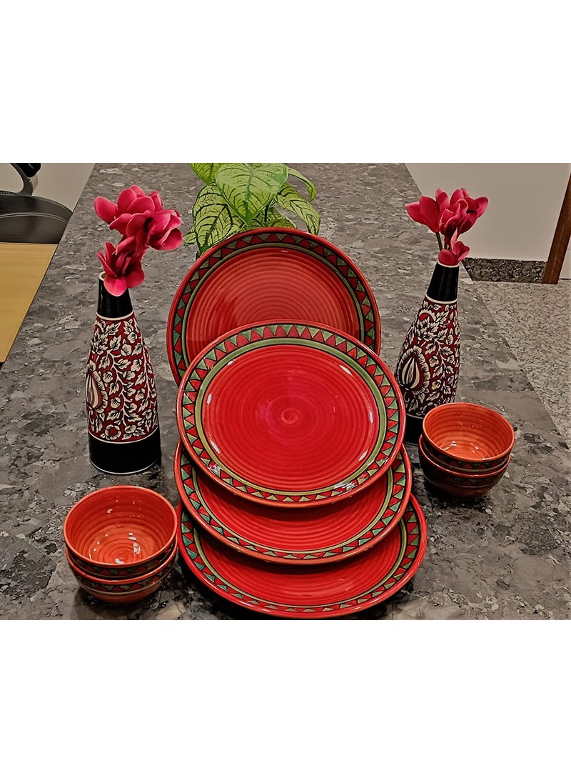 Caffeine caffeine Ceramic Handmade Red & Green Tribal Dinner Set (Set of 8)  - Image 1