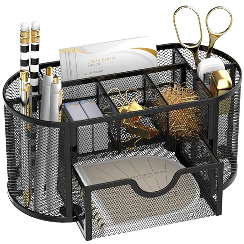 SUPEASY Mesh Desk Organizer, Desk Accessories & Workspace Organizers with Drawers, Pencil Holder for Desk with 9 Compartments for Office Supplies, 8.6 x 4.3 x 4.1 Inch, Black - Image 1